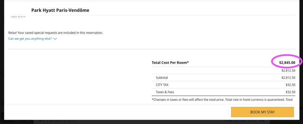 Screenshot of a hotel booking summary for Park Hyatt Paris-Vendôme. The total cost per room is $2,245.00, circled in pink. The subtotal is $2,187.50, with additional taxes and fees shown.